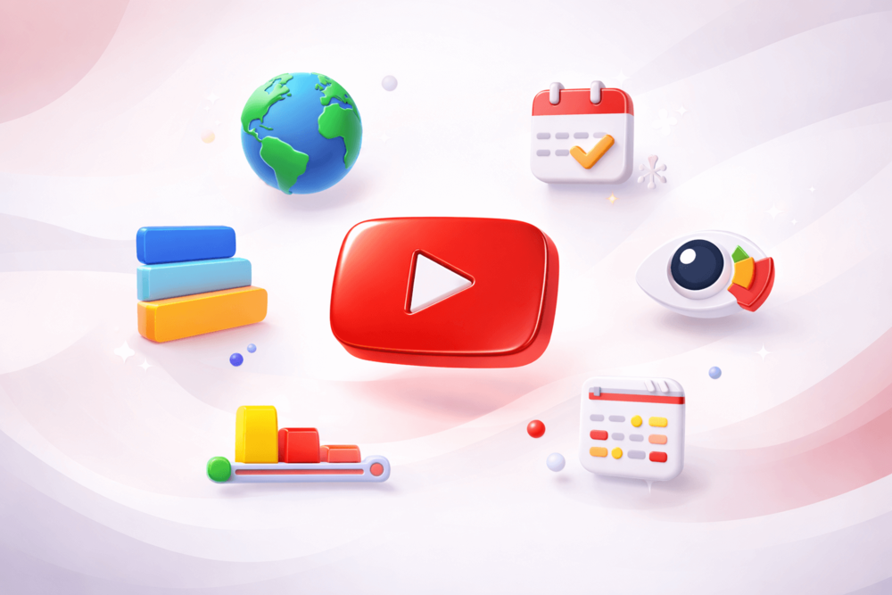 Illustration showing a YouTube play button surrounded by symbols representing factors that affect ad revenue, such as audience location, content type, and viewer behavior.