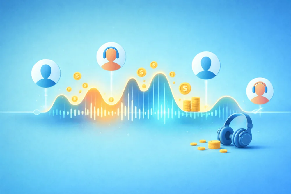 Illustration showing listener engagement affecting music earnings through sound waves and visual highlights, representing fan-powered royalties