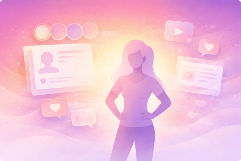 Calm Instagram-style illustration showing a confident figure surrounded by balanced social media elements, representing clarity and focusing on growth after uncertainty