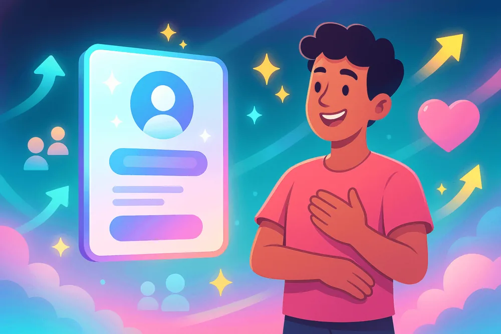 Creator standing proudly near a glowing updated profile card, surrounded by icons representing growth and visibility in a colorful TikTok-style background.