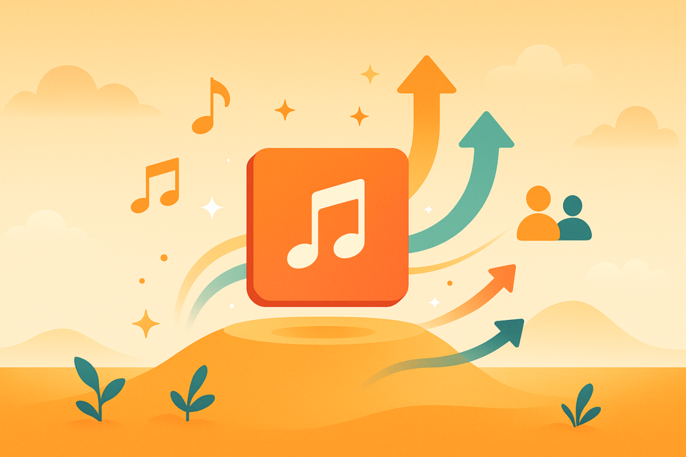 Illustration of a glowing music icon on a hill with rising arrows, musical notes, and small plants symbolizing artistic growth.