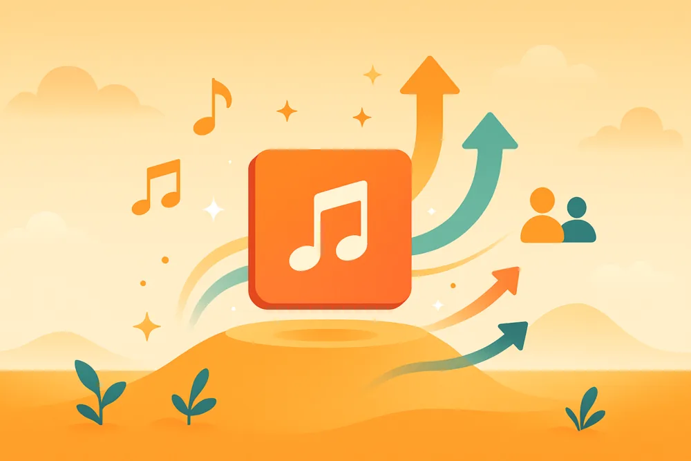 Illustration of a glowing music icon on a hill with rising arrows, musical notes, and small plants symbolizing artistic growth.