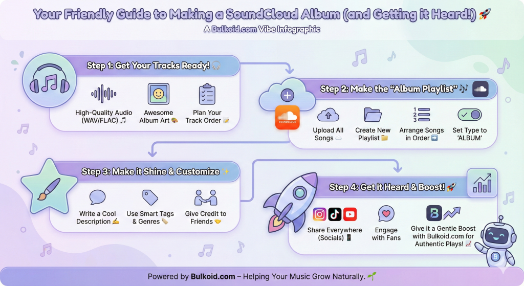 How to Make an Album on SoundCloud - Bulkoid Infographic