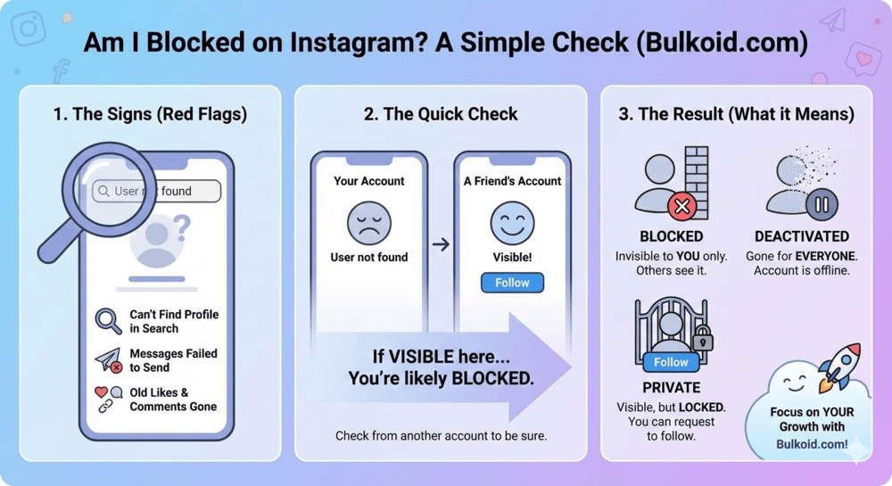 How to know if someone blocked you on Instagram - Bulkoid Infographic