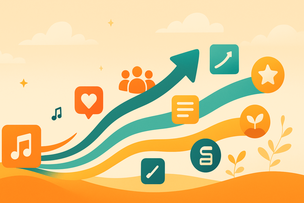 Landscape illustration of flowing waves with icons for comments, listeners, playlists, and growth surrounding a music symbol.