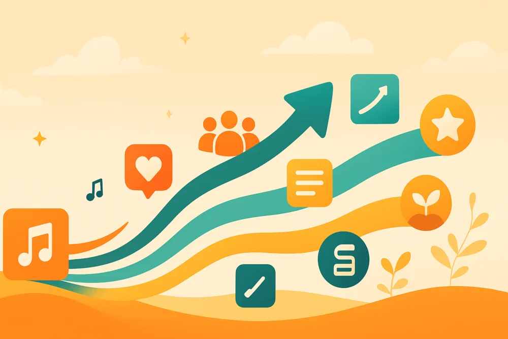 Landscape illustration of flowing waves with icons for comments, listeners, playlists, and growth surrounding a music symbol.
