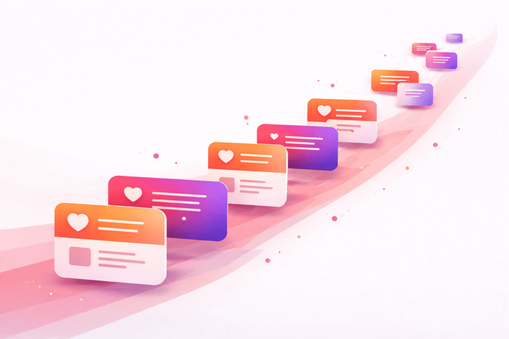 Abstract illustration showing content tiles moving forward to represent steady growth and engagement on Threads.