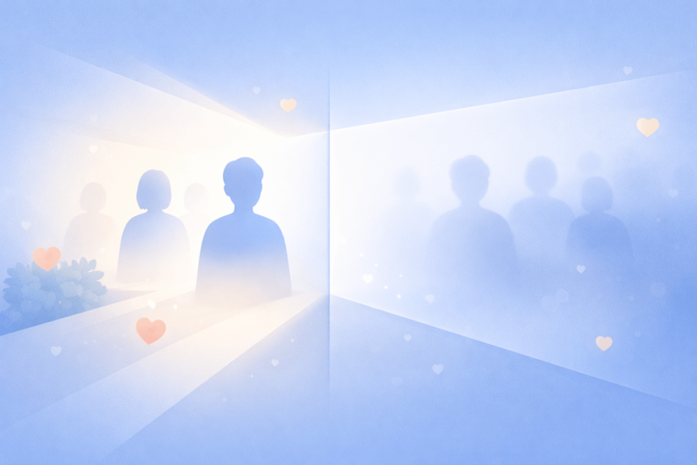 Illustration showing two groups of people separated by a soft visual boundary, with one group clearly visible and the other faded, representing how Facebook Restricted limits who can see certain posts.