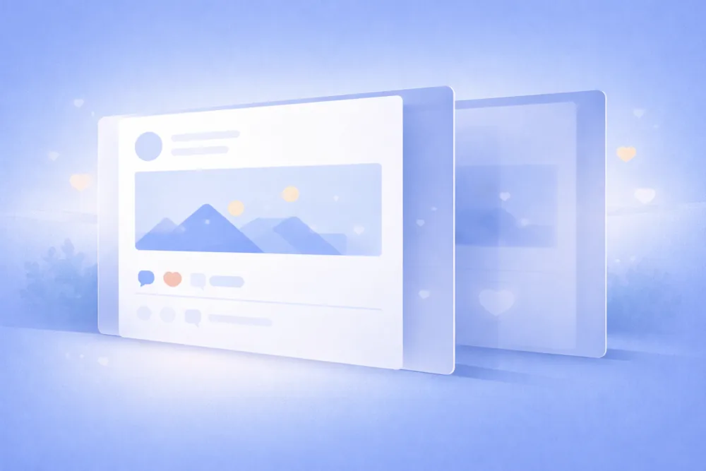 Illustration showing layered content panels, with one panel clearly visible and another faded behind it, representing limited visibility when someone is restricted on Facebook.