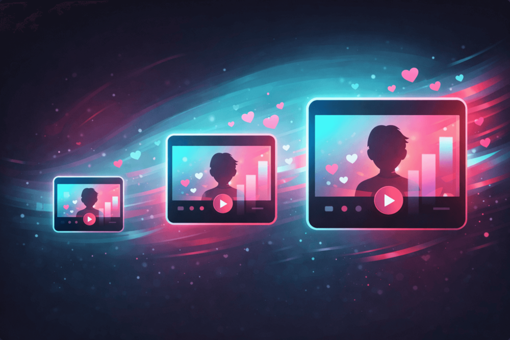 Illustrated content tiles shown at different sizes and glow levels, representing how viral reach varies depending on account size and momentum.