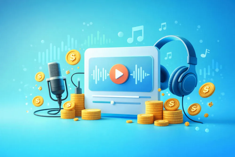 Illustration showing music streaming and earnings with headphones, audio elements, and coins, representing how SoundCloud payouts work for artists