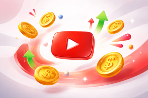 Illustration showing a YouTube play button surrounded by floating coins and abstract elements representing variable earnings per view.