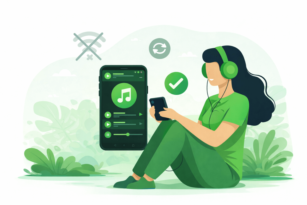 Illustration of a person listening to music on a smartphone with offline mode icons, representing how Spotify offline listening works
