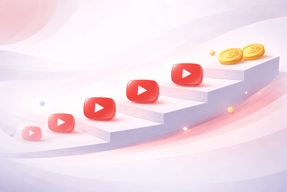 Illustration showing steady YouTube growth over time with play icons and subtle coins representing long-term monetization.