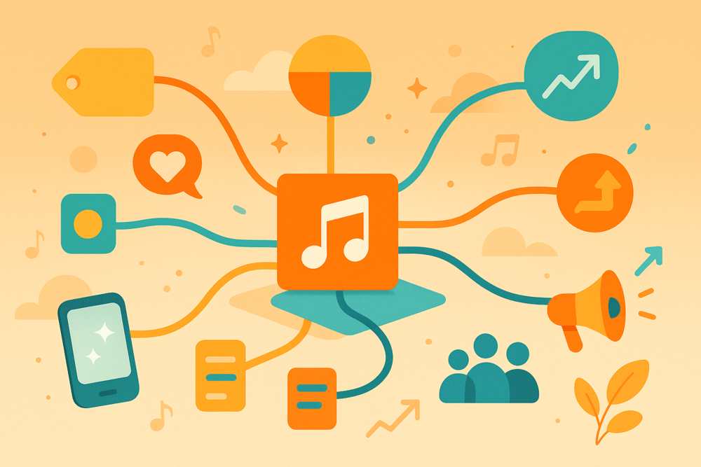 Flat illustration of a central music icon with branching paths leading to sharing, engagement, and promotion symbols.