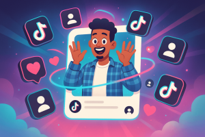 Character inside a floating TikTok-style profile frame, surrounded by glowing icons, hearts, and neon accents against a dreamy digital background.