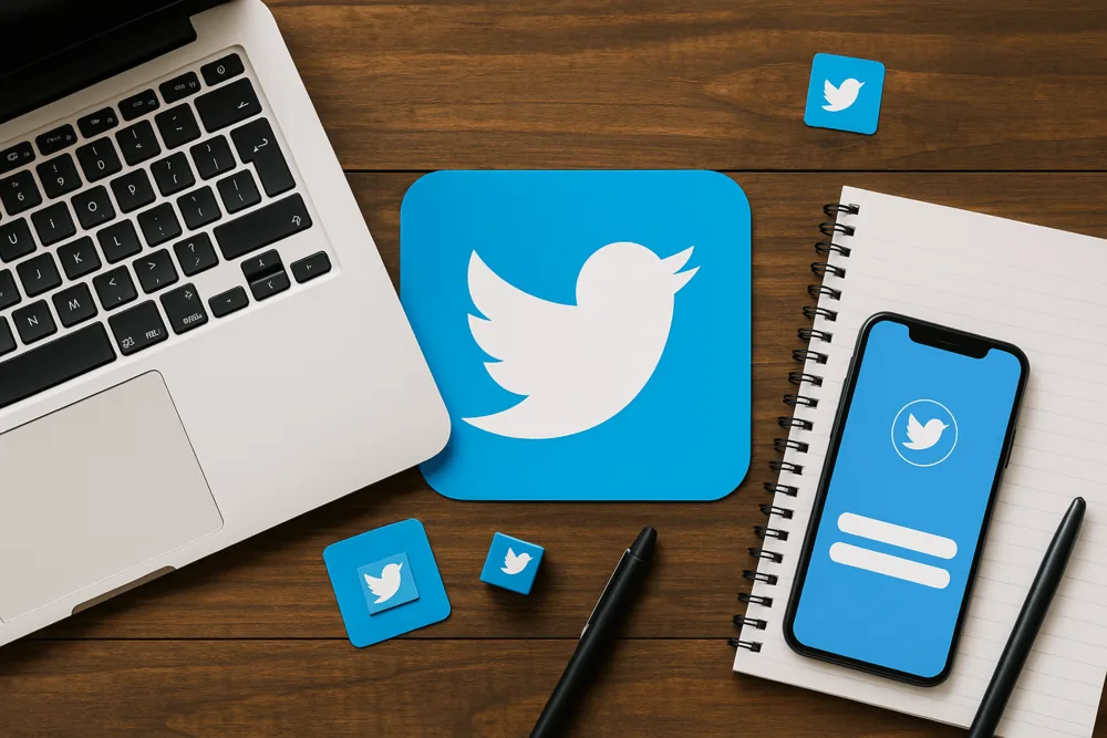 Flat-lay workspace image with laptop, phone and blue bird icon for How to Change Your Twitter Handle