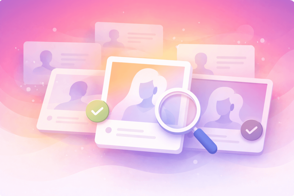 Illustrated comparison of multiple Instagram-style profile cards with check and search symbols, representing how to verify if someone blocked you on Instagram