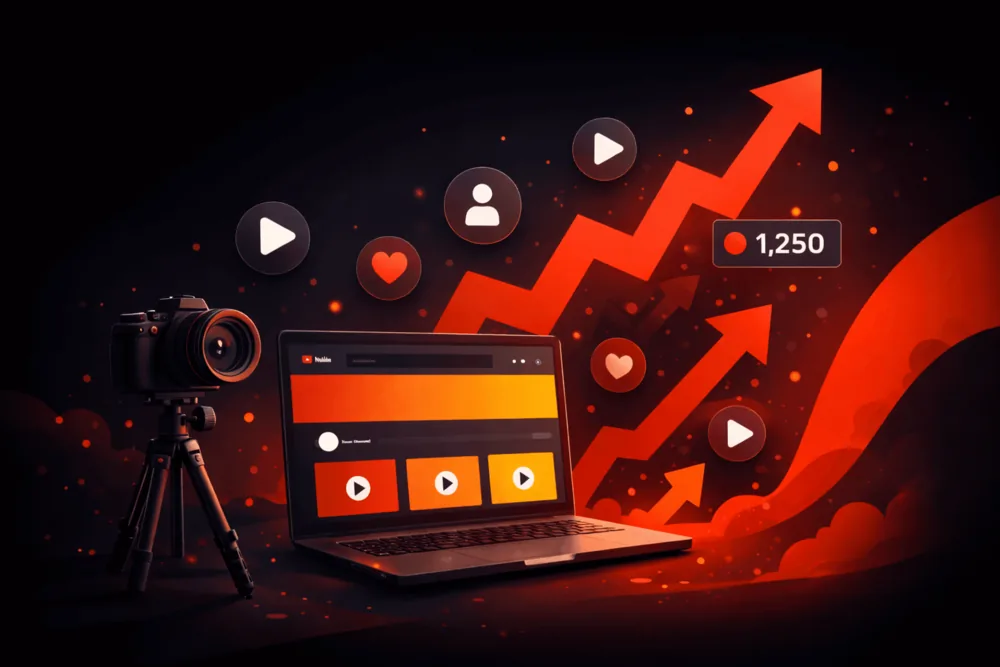 Illustration of a small YouTube creator setup with growth elements and engagement icons, representing how to get more views on YouTube with a growing channel.