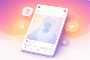 Illustrated Instagram-style interface showing a partially faded profile figure, representing uncertainty and missing visibility when someone may be blocked on Instagram