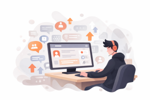 Illustration of a beginner exploring Reddit with discussion and community elements in a modern flat style