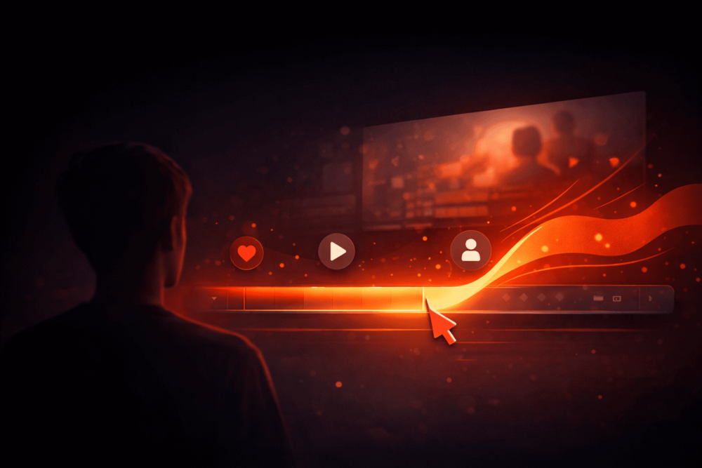 Illustration of a video timeline and progress flow representing improved watch time and retention on YouTube videos.