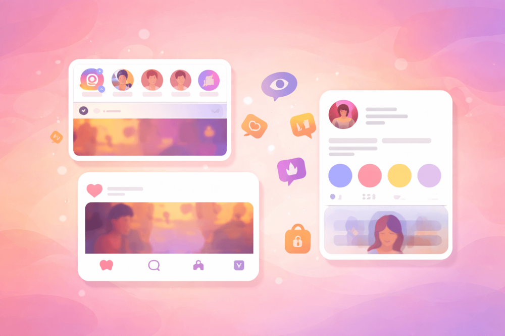 Illustration showing Instagram features with visible engagement icons and no screenshot indicators, representing what activity is and isn’t tracked