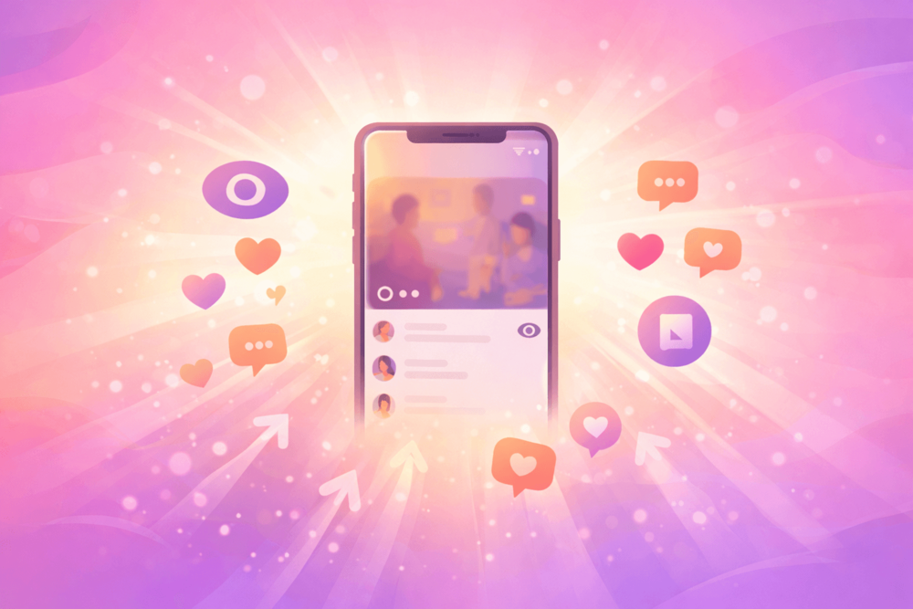 Illustration showing an Instagram Story gaining visibility and engagement, representing growth and increased reach