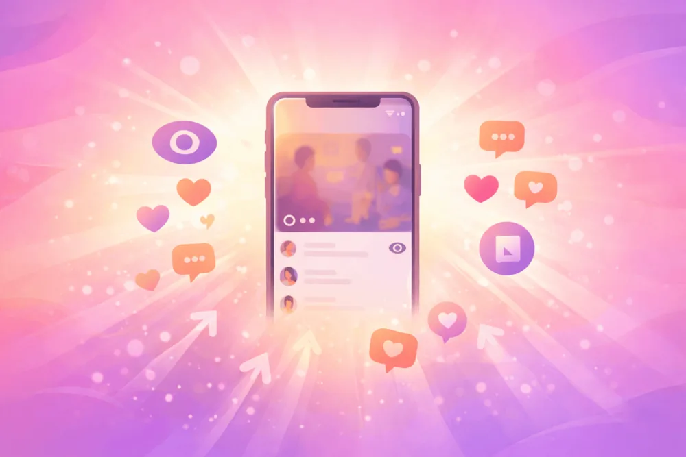 Illustration showing an Instagram Story gaining visibility and engagement, representing growth and increased reach