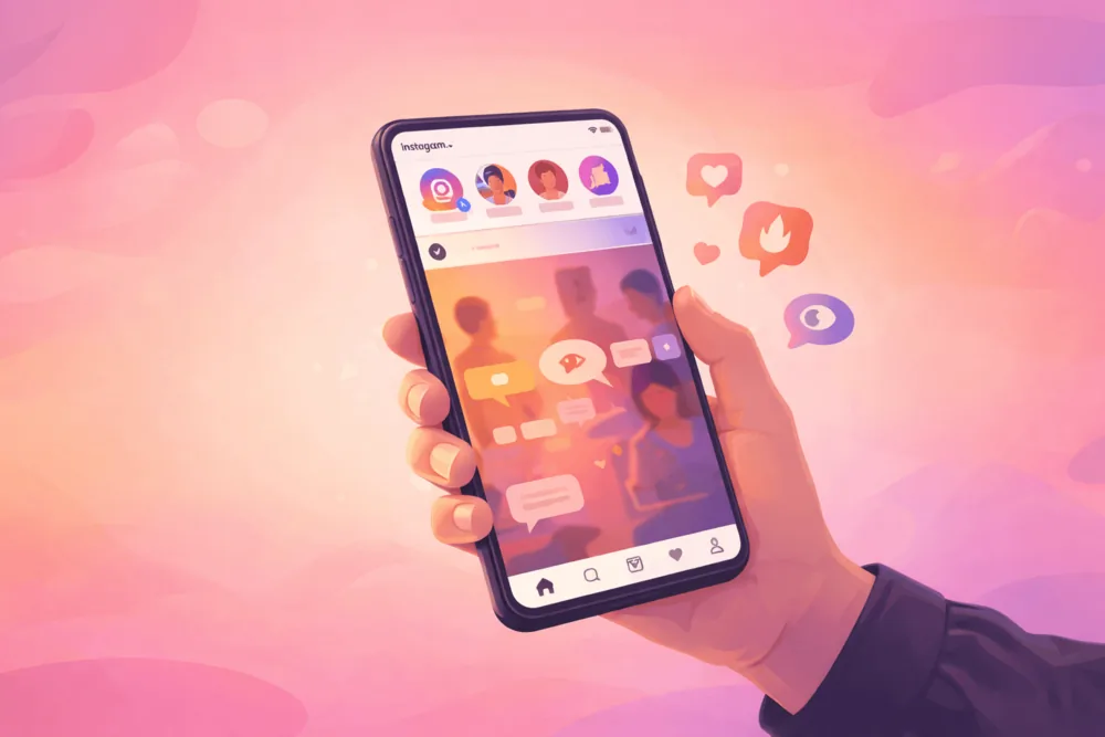 Instagram Story views displayed on a smartphone screen with abstract engagement icons, showing Story activity without screenshot notifications