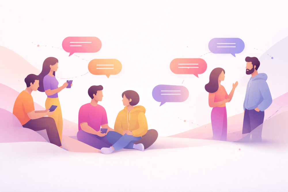 Modern illustration showing people casually interacting and sharing conversations, representing the low-pressure and human nature of Threads.