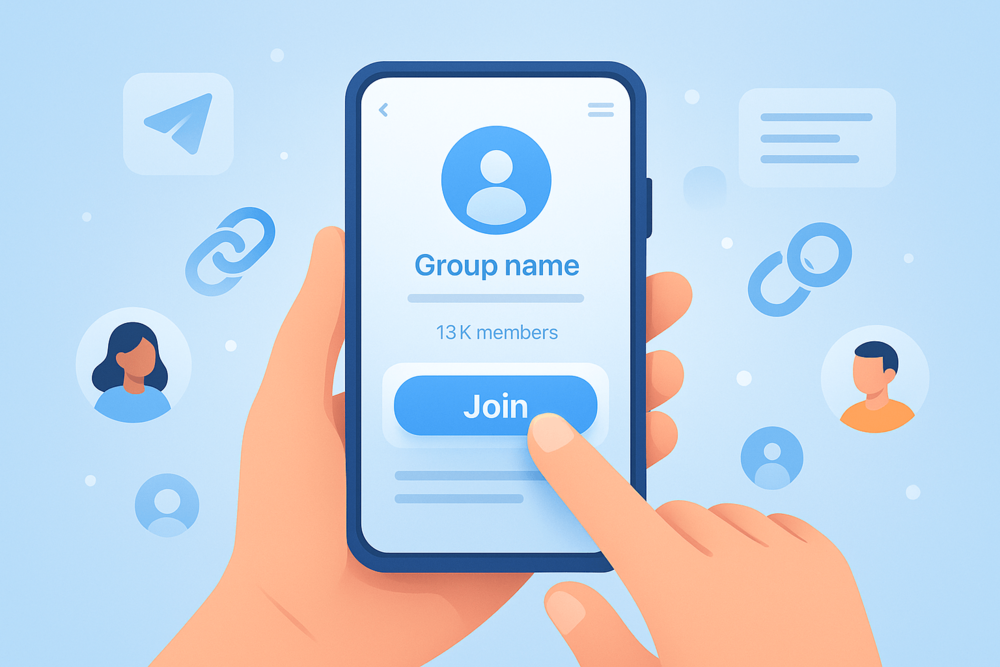 Hand holding a phone showing a Telegram group preview with a Join button.
