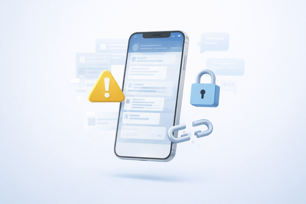 Structured illustration of a floating smartphone with warning and privacy icons, showing important considerations before deleting a Telegram account