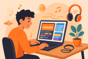 Flat-style illustration of a music creator working on a laptop with colorful waveforms and track panels, surrounded by headphones and music icons.