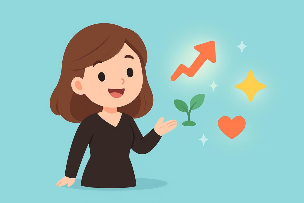 Girl character with floating growth and positivity icons