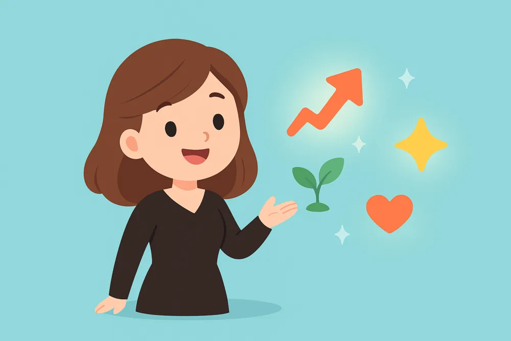 Girl character with floating growth and positivity icons
