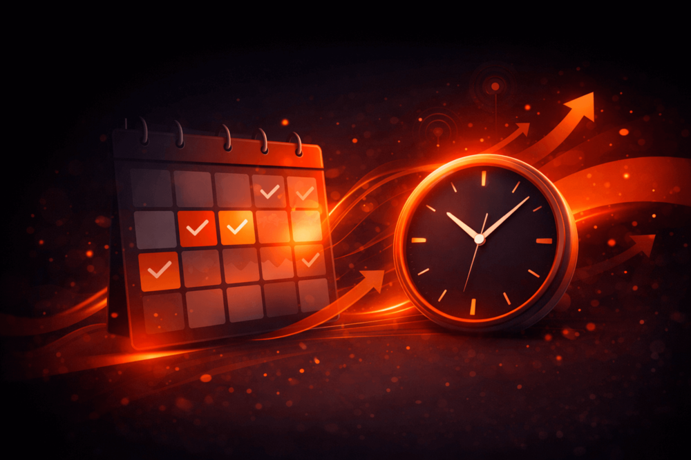 Illustration showing a calendar and clock with growth elements, representing consistent posting schedules and timing for YouTube channel growth.