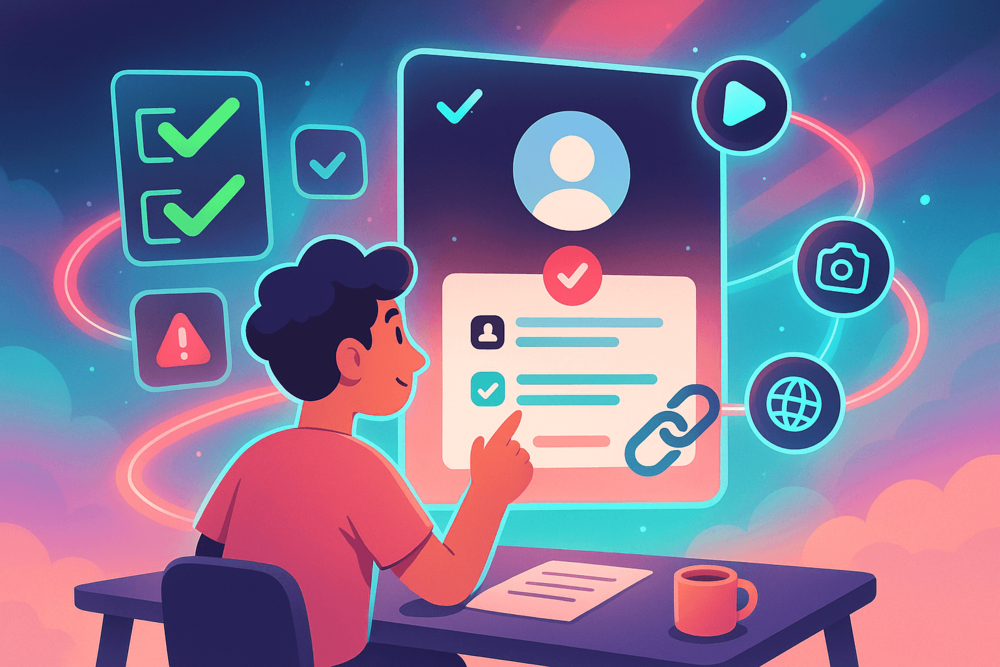 Creator at a desk reviewing a floating TikTok-style profile card, surrounded by checklist icons and connected social link symbols on a colorful gradient background.