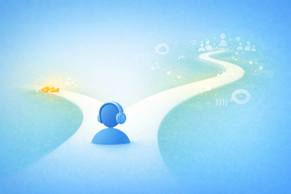 Illustration showing a music creator choosing a steady long-term growth path over short-term earnings, representing realistic SoundCloud payout expectations