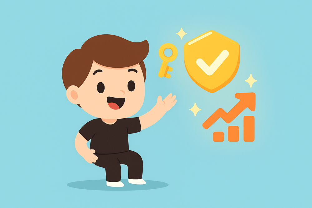 Cartoon character with floating trust and growth icons