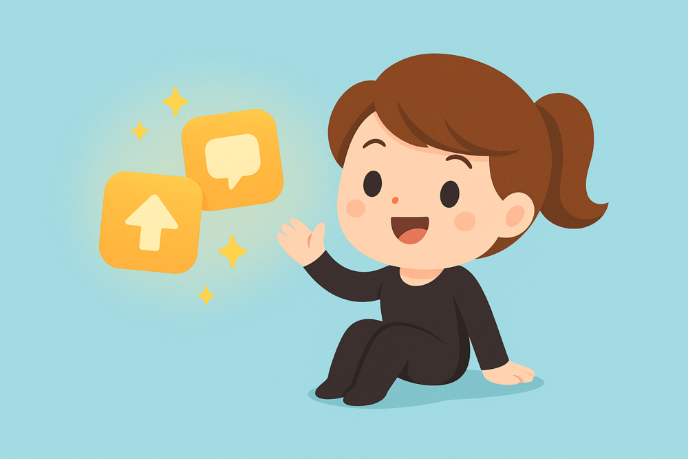 Cartoon character sitting and waving at glowing upvote and comment icons