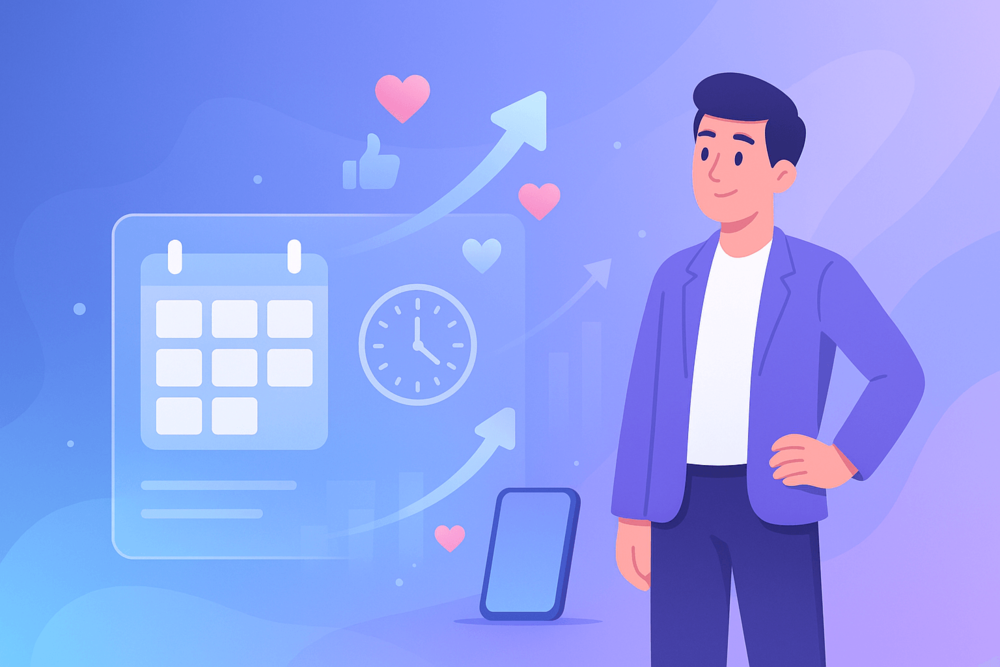 Cartoon-style illustration of a person beside a floating calendar with rising engagement icons and a growth curve.