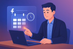 Corporate cartoon illustration of a person using a laptop with floating calendar and clock icons symbolizing Facebook post scheduling.