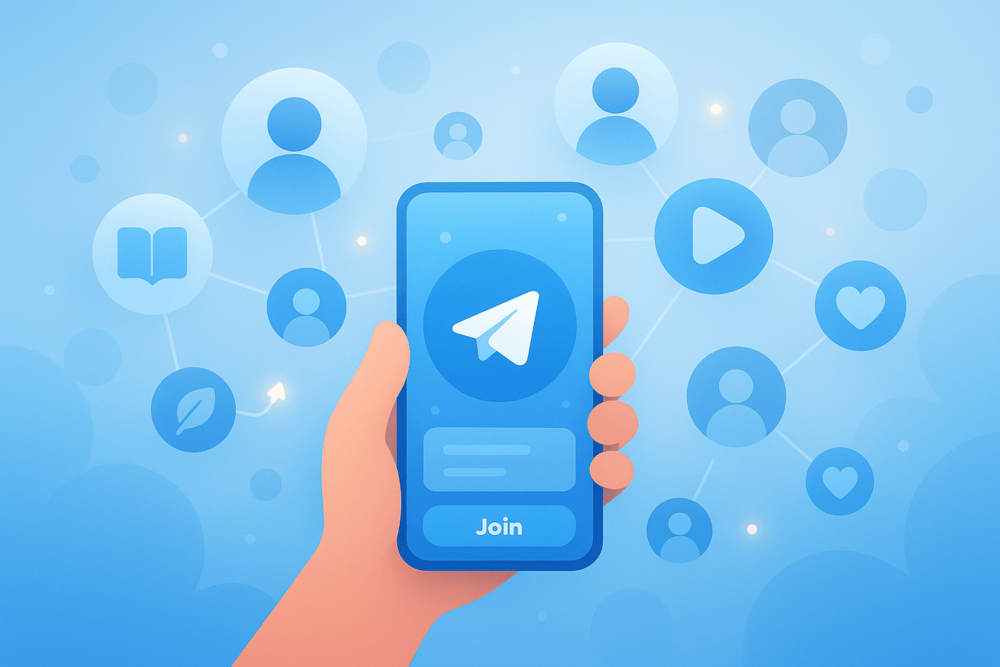 Hand holding a phone with Telegram icons and connected community bubbles in the background.