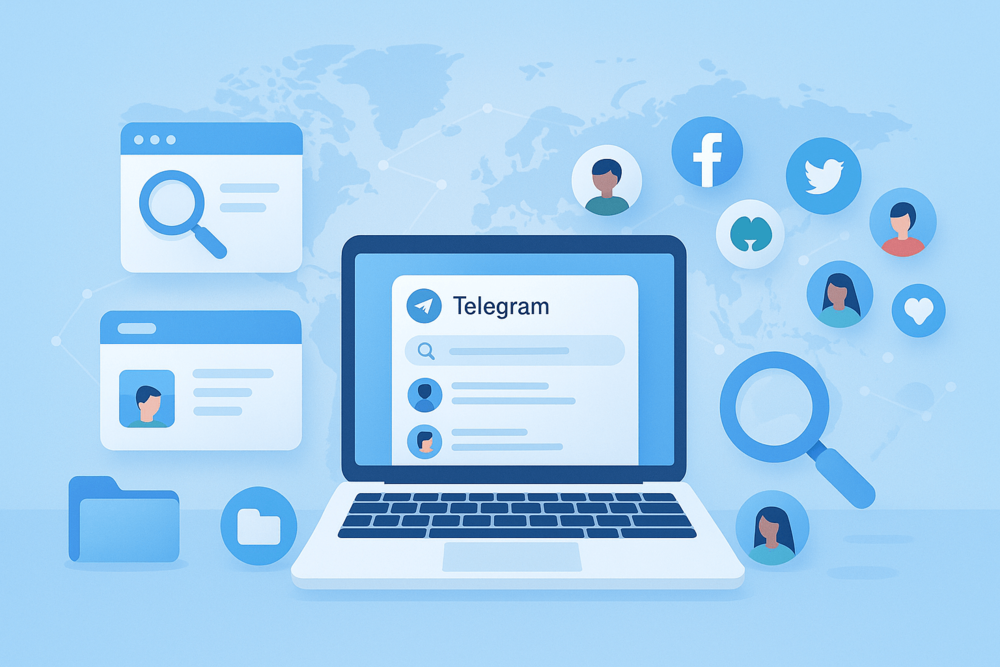 Digital illustration of a laptop and icons showing different ways to find Telegram groups.