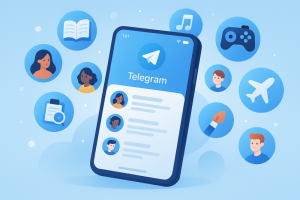 Digital illustration of a smartphone with Telegram open surrounded by hobby icons.