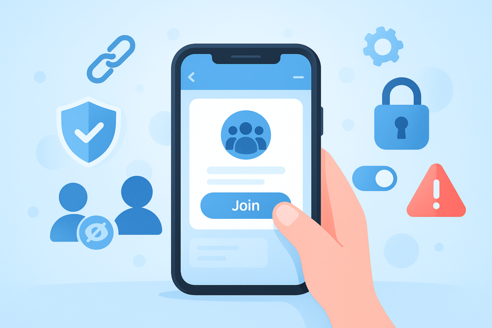 Smartphone surrounded by security icons like shields, locks and warnings for Telegram safety.