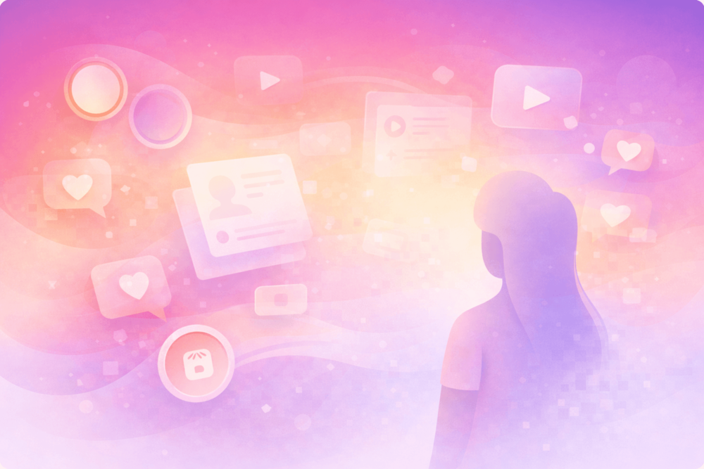 Illustration showing flowing Instagram-style content elements and story circles, representing normal engagement changes that do not mean someone blocked you