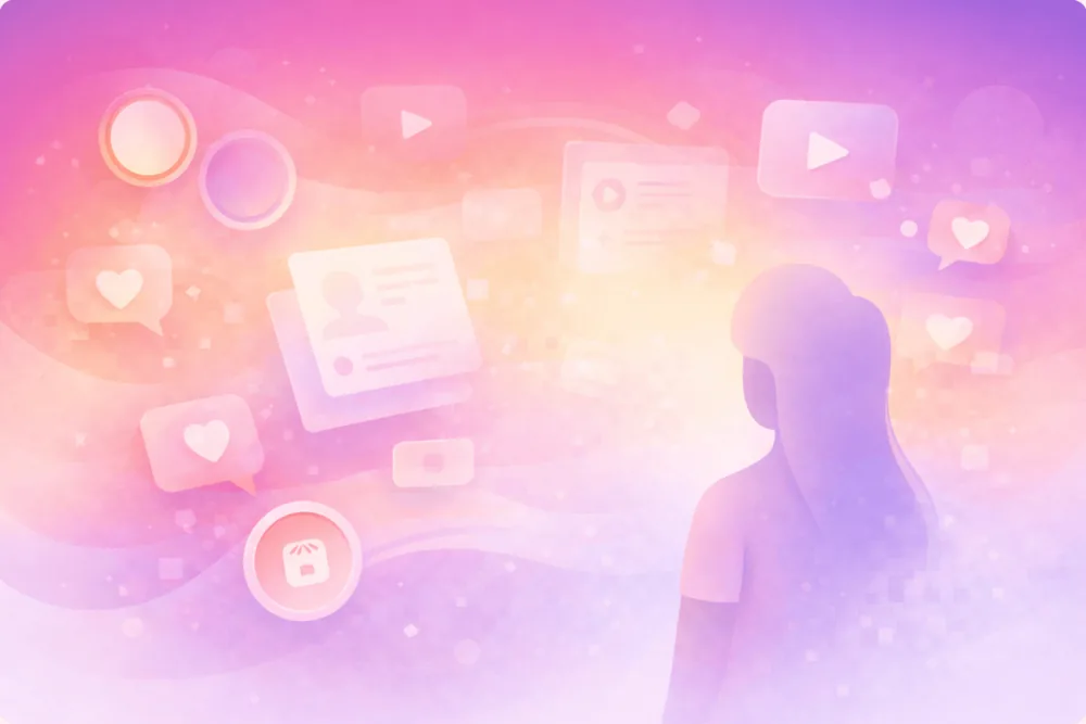 Illustration showing flowing Instagram-style content elements and story circles, representing normal engagement changes that do not mean someone blocked you
