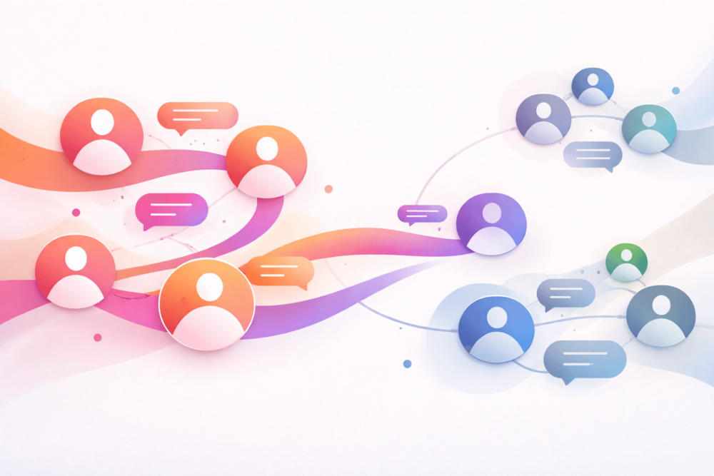 Modern illustration showing connected profile shapes and conversation bubbles representing how Threads links to Instagram and differs from other social platforms.